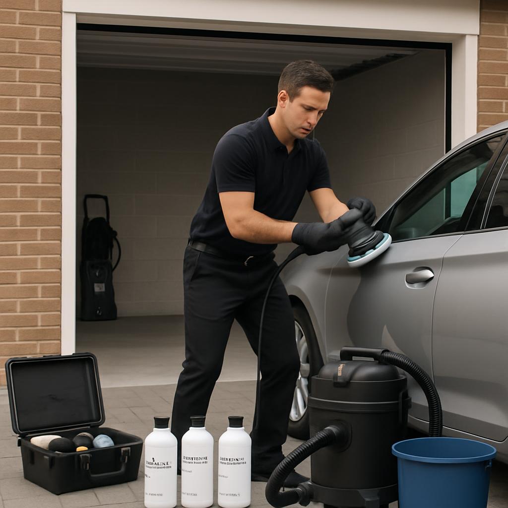 Man polishing car. He leans over top of car and uses a black and blue cloth with a polishing circle to shine the car. He w...