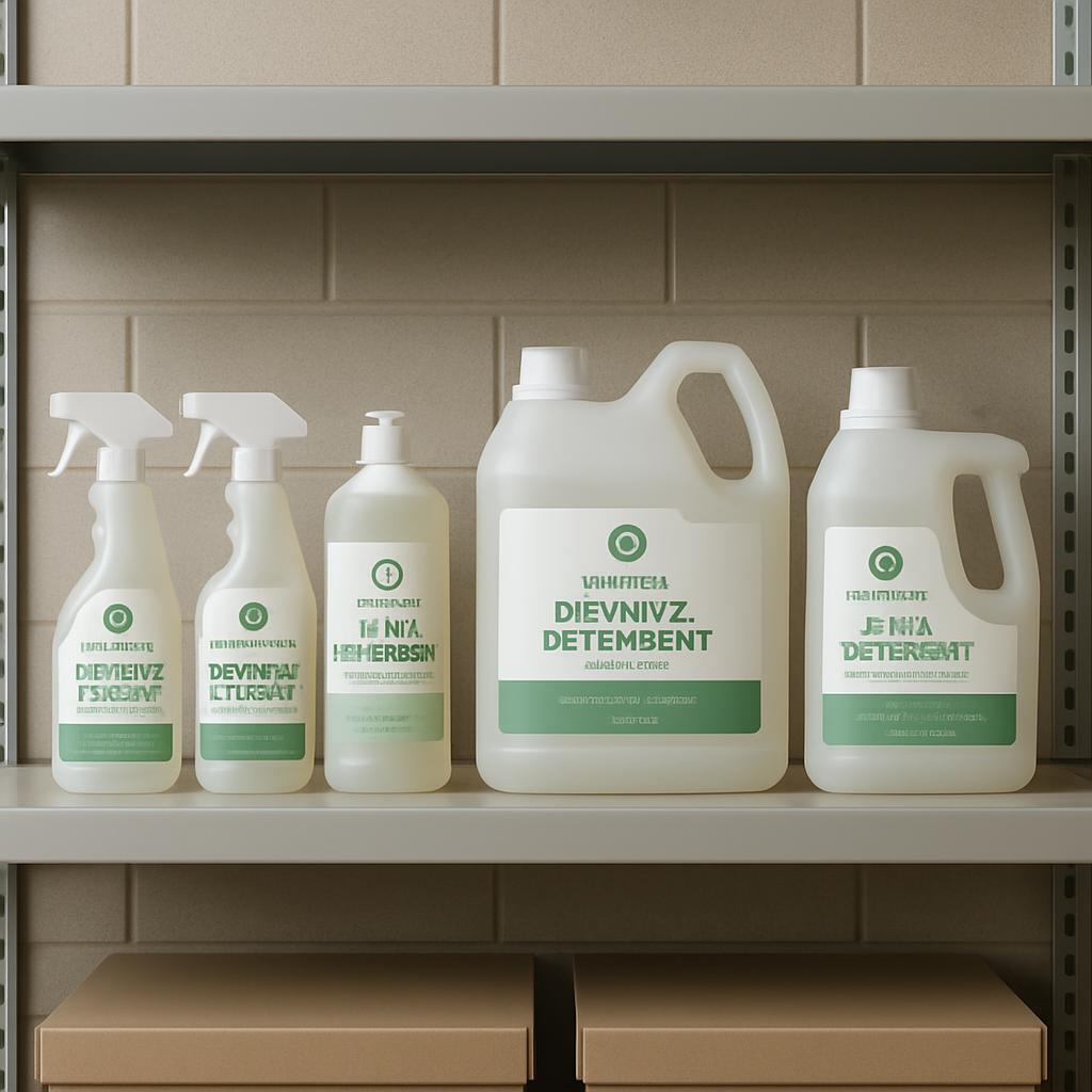 The image features a collection of cleaning products displayed on a shelf in a storage room. The products are accompanied ...