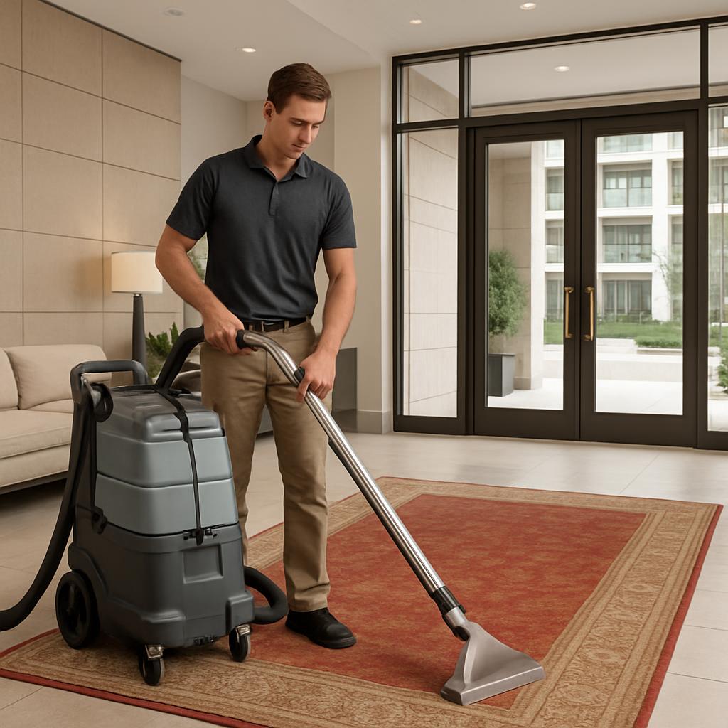 A man in a residential setting uses a carpet cleaning machine. A man pulls a large gray commercial-style carpet cleaning m...