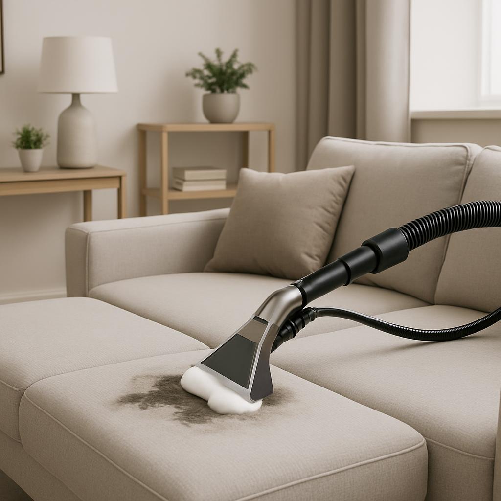 This image depicts a room with a sofa, a plant, and a lamp. The room features a light-colored couch, a table adorned with ...