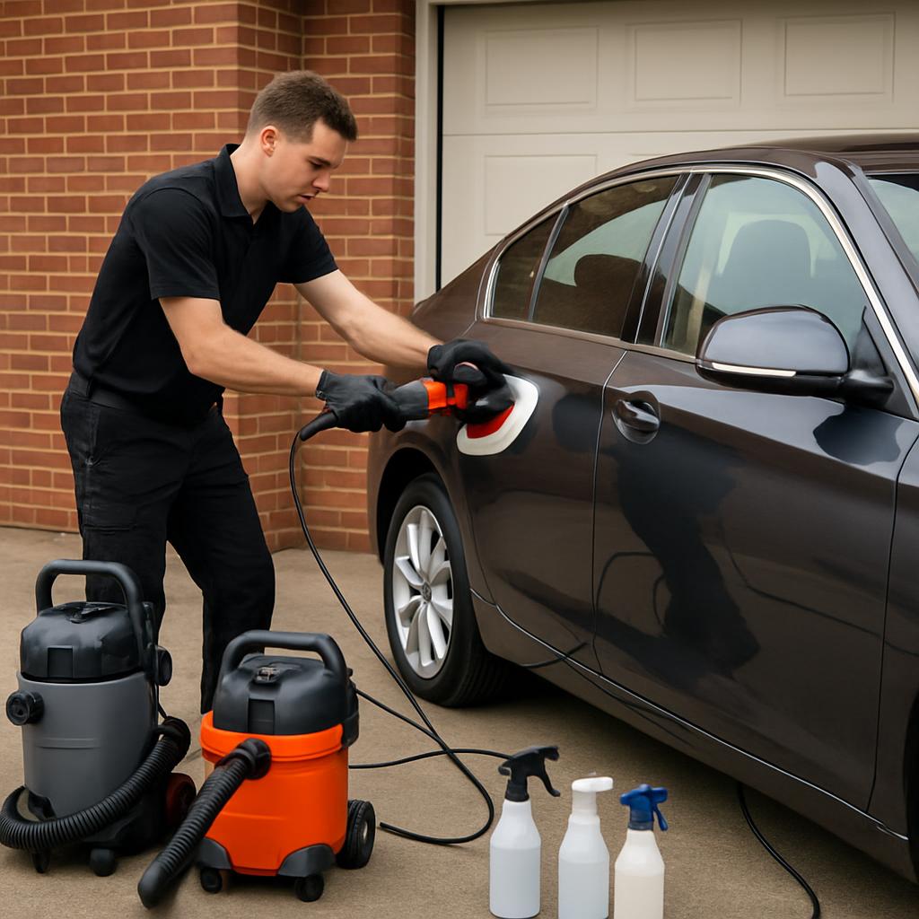 A man in a black shirt and pants, leaning over an orange and black car detailing sprayer and a black sprayer, to polish th...