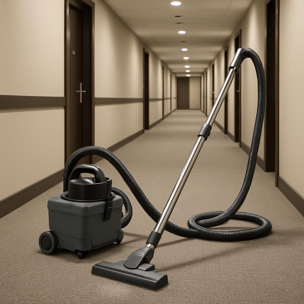 The aggregate picture depicts a commercial vacuum cleaner situated in a passage area. (Here is a cleaned-up version of the...